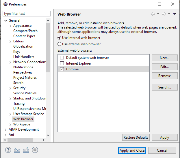Browsersettings in Eclipse
